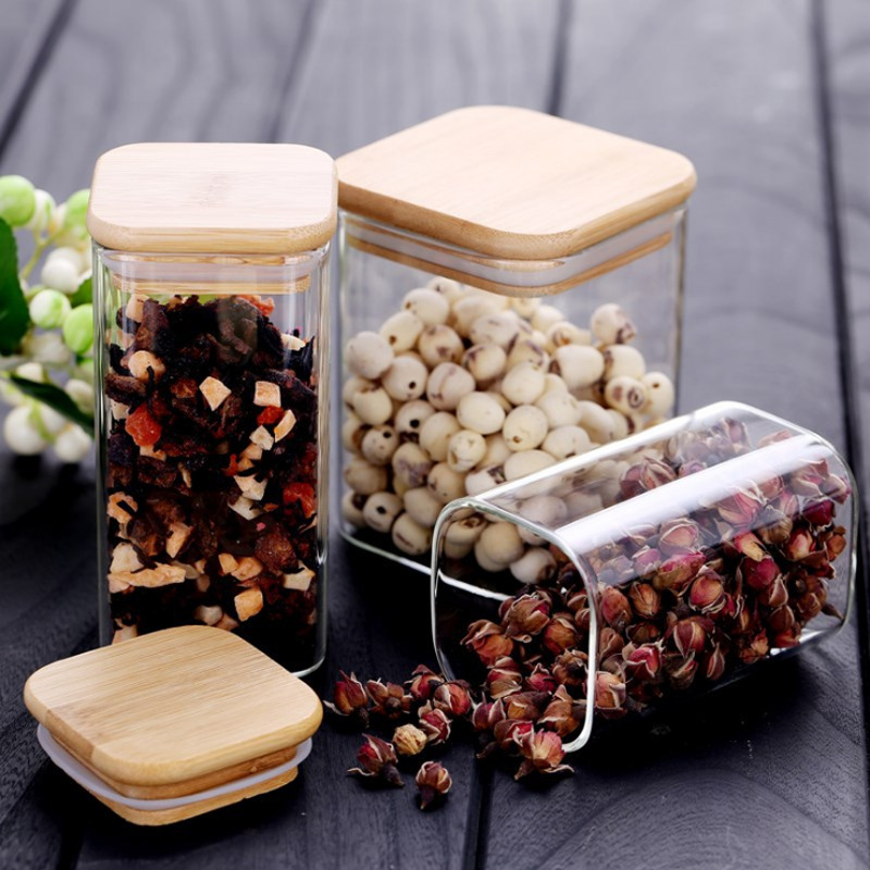 Glass Food Storage Jars Containers, Glass Storage Jar with Airtight Bamboo Lids Set of Kitchen Glass Canisters