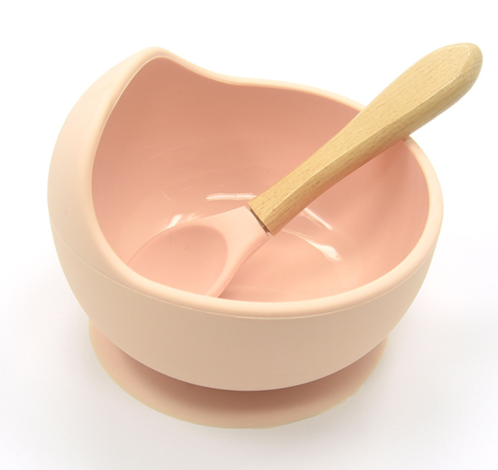 Non-slip Baby Silicone Bowl Set With Wooden Handle Spoon