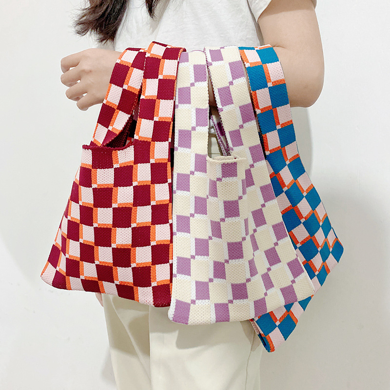 Stripe Wrist Tote Knitting Handbags Knot Purse Light Shopping Bag Beach Bag for Women