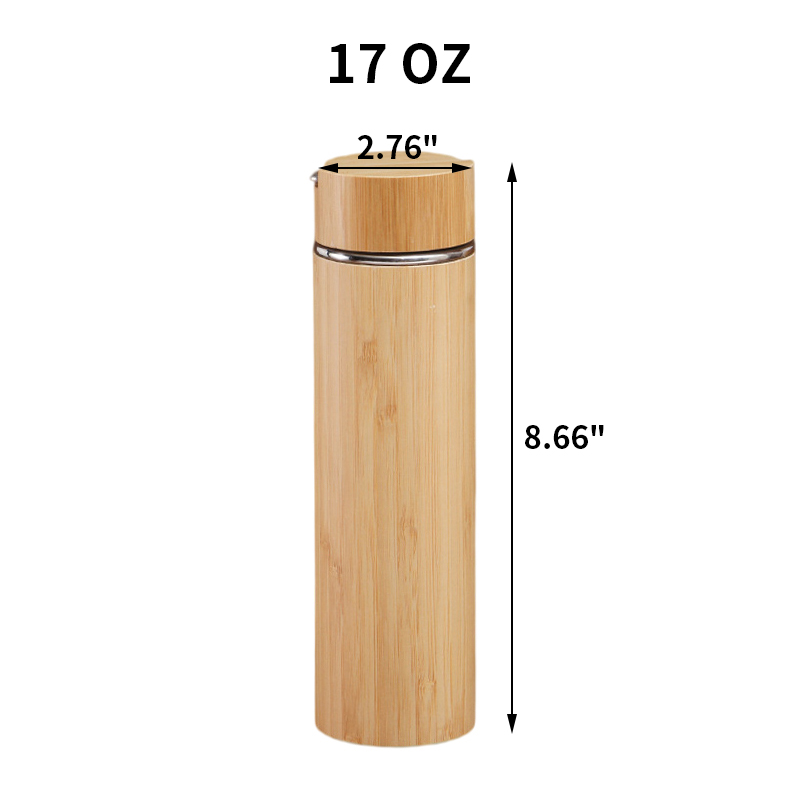 Tea Infuser Bamboo Bottle 17 oz. Insulated Double Wall Stainless Steel Thermos, Travel Tumbler with Leakproof Lid, Strainer and Handle