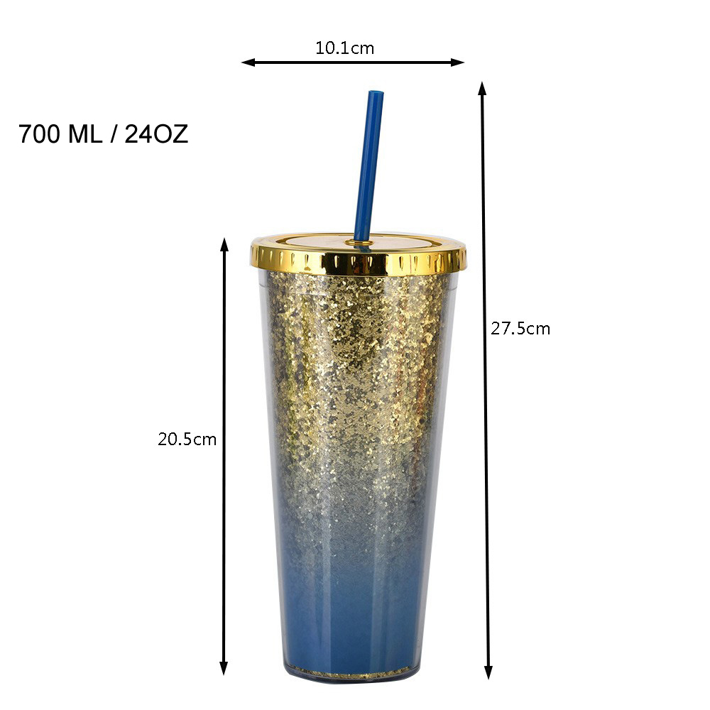 Double Walled Gradient Glitter 24oz Tumbler Reusable Travel Iced Coffee Cup with Lid and Straw